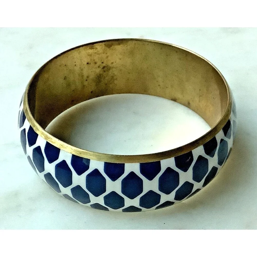 Vintage Enamel Bangle Brass Blue White Wide Bracelet Bohemian Jewelry MCM